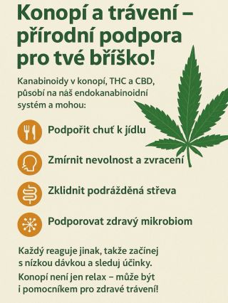 Endokanabinoidní systém propojuje mozek se střevy. Kon*pí na něj působí a může tak pomoci zklidnit trávení, zmírnit křeče,...