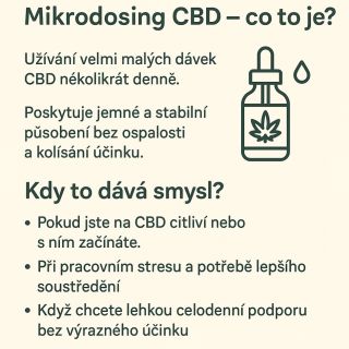 🌿 Mikrodávkování CBD Mikrodávkování CBD znamená užívání velmi malých dávek několikrát denně. Poskytuje jemnou a stabilní...